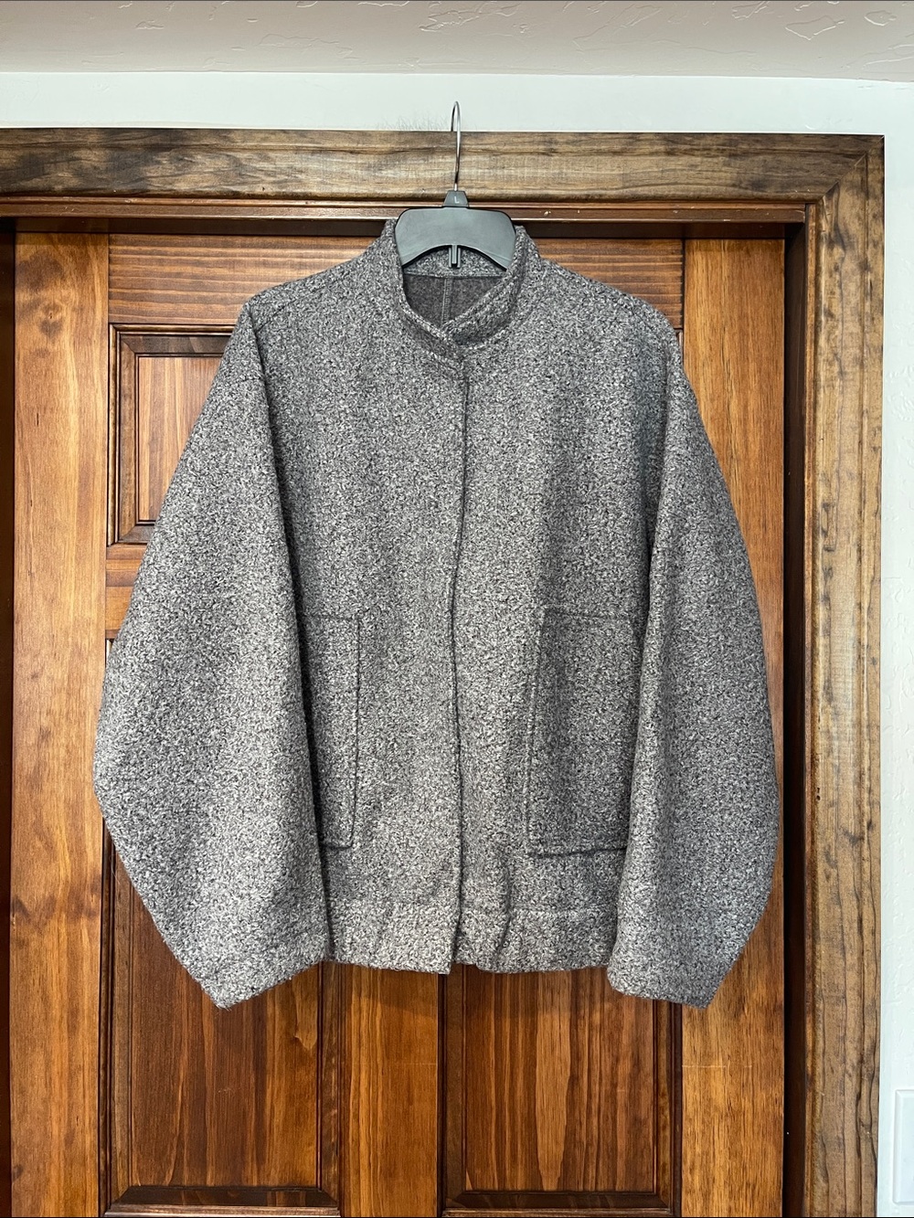 Grey Textured Boucle Tweed Oversized Funnel Neck Jacket Coat XL